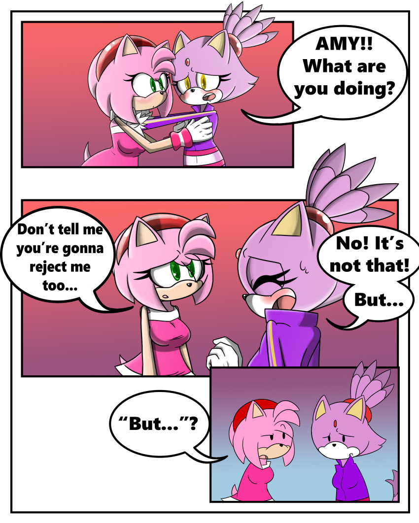 1girl amy_rose anthro blaze_the_cat breasts cat clothed clothing comic dialogue duo english_text feline fur furry gloves green_eyes hair hedgehog mammal midriff pink_fur pink_hair purple_fur sandunky sega simple_background text video_games yellow_eyes