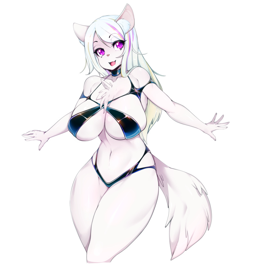 1girl anthro armpits big_breasts breasts chest_tuft clothed clothing feline fluffy_tail fur furry hair happy looking_at_viewer mammal navel pink_fur purple_eyes simple_background skimpy slugbox tight_clothing tuft white_hair