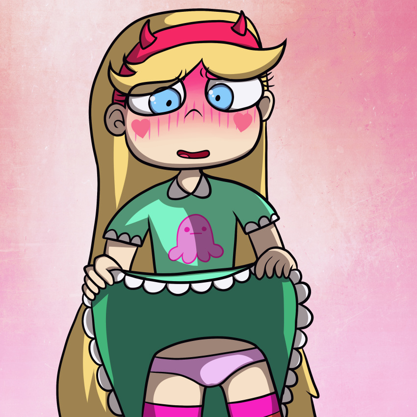 artist_request blonde blonde_hair blue_eyes blush breasts cartoon cute dress dress_lift embarrassed eyelashes full-face_blush heart horns marco_diaz nose_blush nsfw panties pink_panties purple_panties small_breasts softcore star star_butterfly star_vs_the_forces_of_evil stockings teen underwear upskirt young
