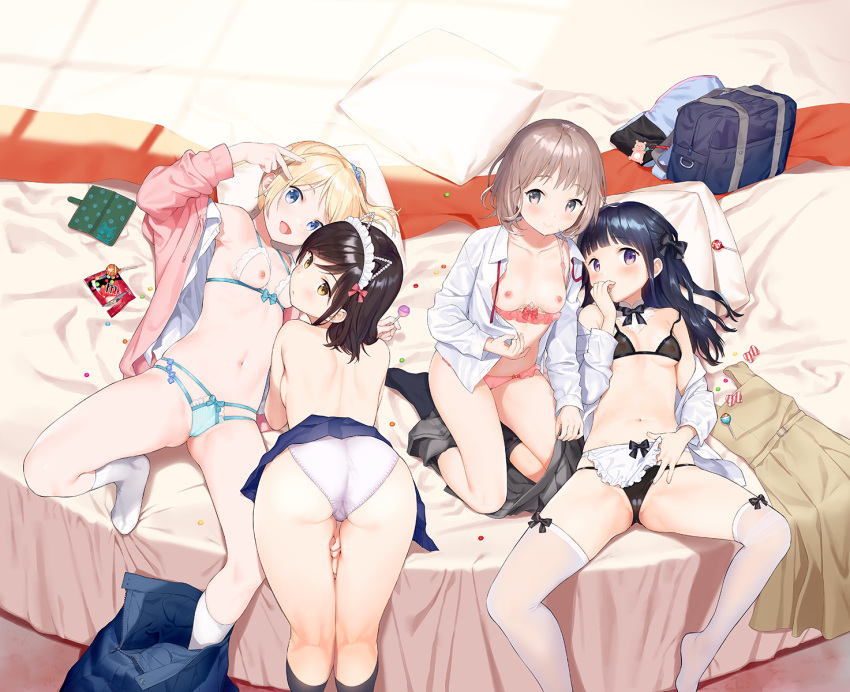 1girl 4girls :d :o animal_ears apron aqua_bow aqua_bra aqua_underwear arched_back armpits ass asymmetrical_hair back backboob bag bag_charm bag_removed bangs bare_arms bare_shoulders bare_thighs bear bed beige_dress belt_buckle bent_knees bent_over between_legs between_thighs black_bow black_bowtie black_bra black_hair black_kneehighs black_legwear black_neckwear black_panties black_underwear blonde_hair blue_bag blue_bow blue_bra blue_eyes blue_hair blue_scrunchie blue_skirt blue_underwear blunt_bangs blush bob_cut bow bow_bra bow_panties bowtie bra breastless_clothing breasts brown_hair buckle cameltoe candy charm_(object) clavicle closed_mouth clothes_down clothes_pull clothing collared_shirt comic_bavel contentious_content covered_mouth covering_mouth cupless_bra dark_blue_hair detached_collar diagonal-striped_bow dot_nose drawstring dress dress_removed dress_shirt elbow_rest eyebrows_visible_through_hair eyes_visible_through_hair fake_animal_ears feet_out_of_frame flower_bra flower_panties folded_leg food foot_out_of_frame frilled_apron frilled_hairband frilled_panties frilled_underwear frills from_behind full_body grey_eyes grey_hair grey_skirt groin hair_bow hair_ornament hair_scrunchie hair_spread_out hairband half_updo hand_over_own_mouth high_resolution holding holding_candy holding_food holding_lollipop holding_object hood hoodie in_profile indoors kneehighs kneepits lace-trimmed_bra lace-trimmed_panties lace_trim leg_lift legwear light_brown_eyes light_brown_hair lingerie lollipop long_hair long_sleeves looking_at_viewer looking_back looking_to_the_side looking_up lowleg lowleg_panties lying m&amp;m's m_legs miniskirt multi-strapped_panties multiple_girls navel nekomimi nipples no_shoes off_shoulder on_back on_bed one_arm_up open-mouth_smile open_clothes open_hoodie open_mouth open_shirt original panties parted_lips partially_clothed partially_undressed partially_visible_vulva photoshop_(medium) pillow pink_bow pink_bra pink_hoodie pink_panties pleated_skirt ponytail product_placement purple_eyes red_bow red_ribbon ribbon school_bag school_uniform scrunchie see-through sekiya_asami shelf_bra shiny shiny_hair shirt short_hair short_ponytail side_ponytail sideboob sitting skindentation skirt skirt_around_one_leg skirt_pull skirt_up small_breasts smartphone_case smile spaghetti_strap spread_legs stockings stomach strap_slip string_bra string_panties striped striped_bow swept_bangs tareme thighs tied_hair topless unbuttoned unbuttoned_shirt under_boob underwear undone_neck_ribbon undressing uniform unzipped v v_over_eye waist_apron wardrobe_malfunction white_apron white_hair_ornament white_hairband white_kneehighs white_legwear white_panties white_shirt white_thighhighs white_underwear window_shade wing_collar yellow_eyes yokozuwari