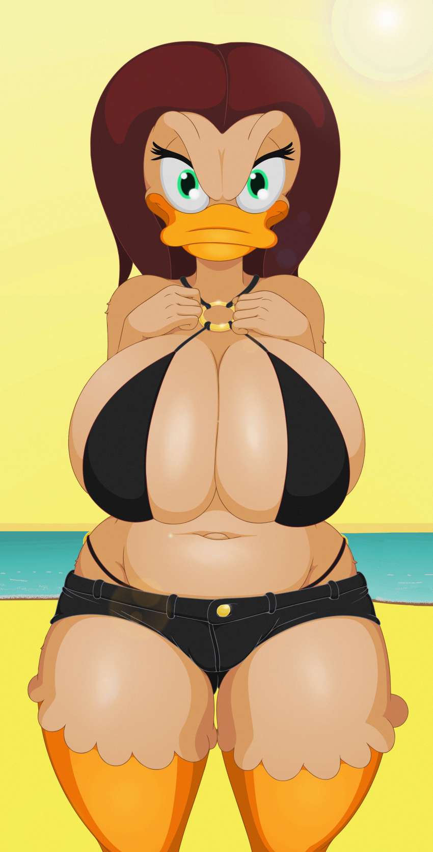 1girl 1girl 2016 absurd_res anthro avian big_breasts bird breasts cleavage clothed clothing duck ducktits furry high_res huge_breasts navel