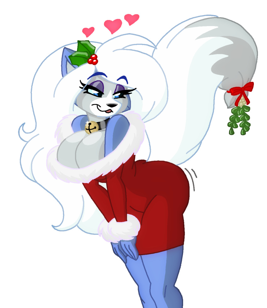 1girl anthro ass ass_shake bent_over big_breasts breasts canine cat cleavage clothed clothing collar digital_media_(artwork) dress feline fox furry hybrid krystine_sapphire mammal mink mistletoe mustelid original plant presenting presenting_hindquarters raised_tail seductive shaking_butt smile toddrogue69