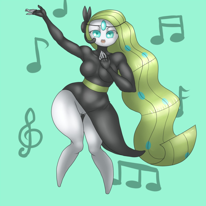 anthro anthrofied armpits big_breasts blue_eyes bottomless breasts female green_hair legendary_pokemon looking_at_viewer lurkingtyger meloetta musical_note nintendo open_mouth pokemon pokemorph pussy simple_background solo teeth tongue white_skin wide_hips