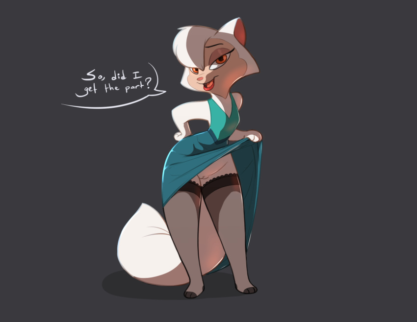 1girl 1girl anthro cat clothed clothing clothing_lift dialogue dress english_text feline fur furry legwear looking_at_viewer mammal open_mouth orange_eyes pussy sawyer_(cats_don't_dance) simple_background siroc speech_bubble standing stockings text thick_bottom_lip white_fur wide_hips