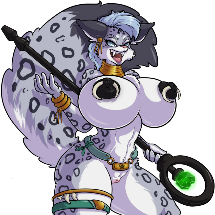 adjatha adjatha_(artist) anthro anthro_only areola big_breasts black_nipples blue_eyes breasts clitoris ear_piercing earring fangs feline female female_anthro furry huge_breasts inner_ear_fluff mammal mostly_nude nipple_piercing nipples open_mouth piercing pussy solo staff thick_thighs