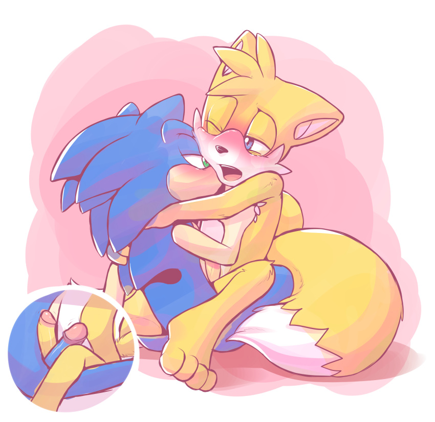 anthro barefoot blue_eyes blue_fur blush canine fox fur furry green_eyes hedgehog kissing male male/male mammal miles_"tails"_prower nude open_mouth penis rexin romantic_couple sega simple_background sonic_the_hedgehog teeth tongue uncut video_games yellow_fur