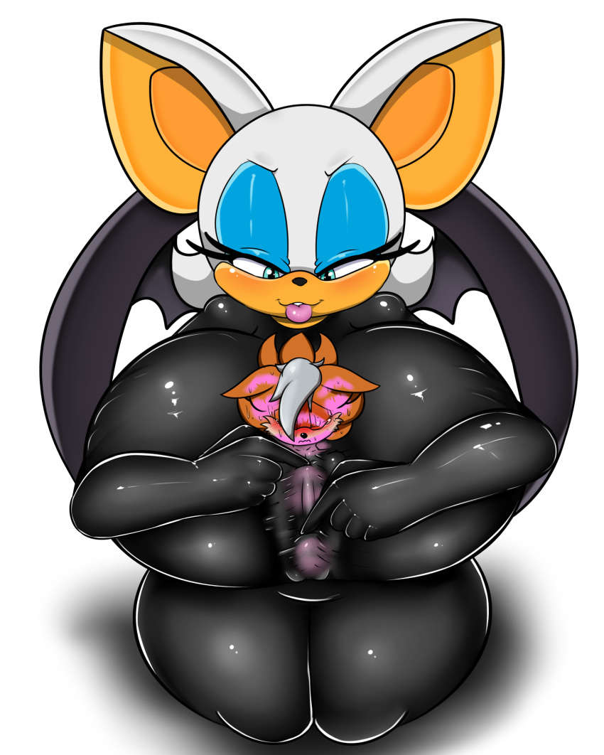 1girl absurd_res anthro bat big_breasts breasts bulge canine clothing digitaldomain123 duo erection erection_under_clothes fingerjob fox furry high_res huge_breasts kiss_mark male mammal miles_"tails"_prower penis rouge_the_bat rubber sega sex size_difference teasing testicles
