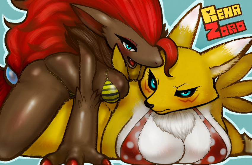 1girl anthro big_breasts bikini black_fur black_sclera blue_background blue_eyes blush breasts chest_tuft claws cleavage clothed clothing digimon duo frown fur furry green_eyes hair heart huge_breasts kewon nintendo open_mouth pok&eacute;mon pok&eacute;morph red_hair renamon simple_background smile swimsuit tuft video_games yellow_fur zoroark