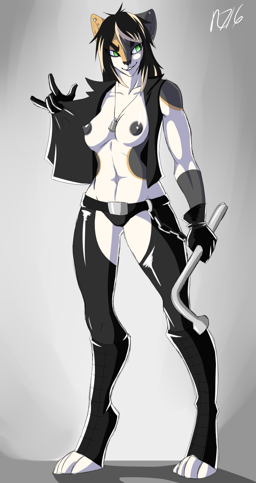 1girl anthro areola breasts clothed clothing feline furry mammal nipples open_jacket original original_character rt001 smile standing wide_hips