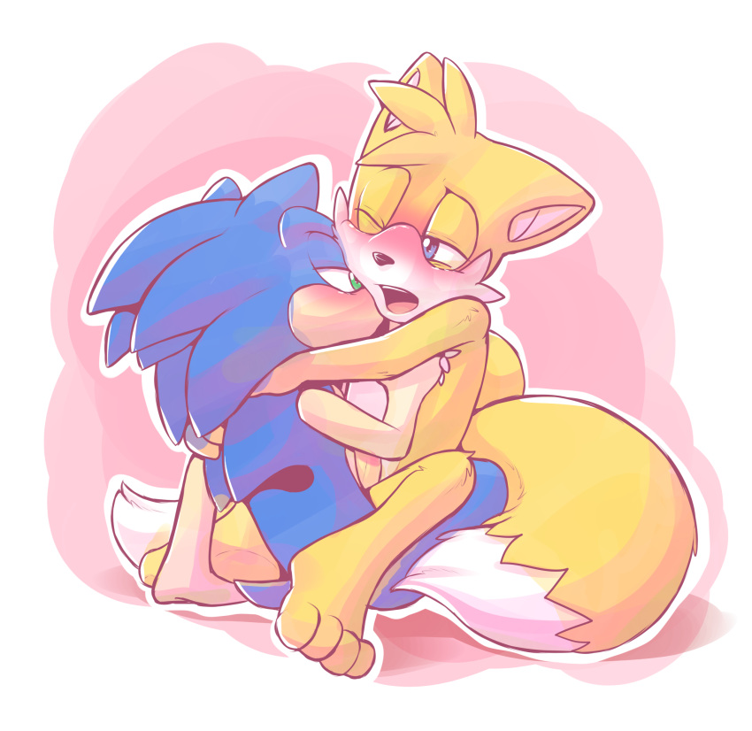 anthro barefoot blue_eyes blue_fur blush canine fox fur furry green_eyes hedgehog kissing male male/male mammal miles_"tails"_prower nude open_mouth penis rexin romantic_couple sega simple_background sonic_the_hedgehog teeth tongue video_games yellow_fur