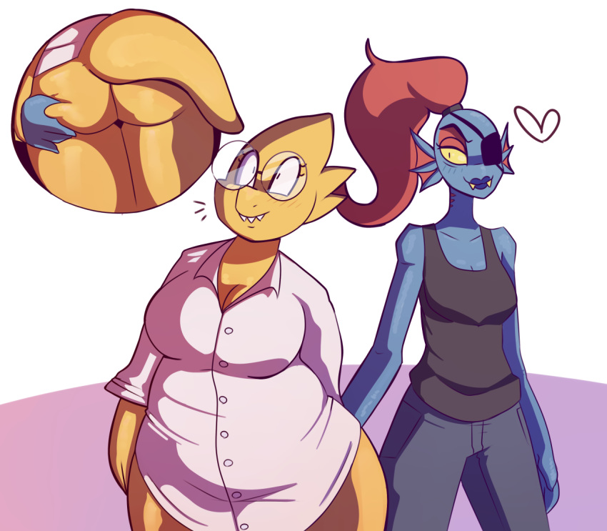 2girls alphys alphys_(undertale) anthro blue_body blue_skin doctor duo female female/female female_anthro female_only glasses lab_coat lesbian lizard lizard_tail red_hair reptile reptile_tail scalie tail undertale undertale_(series) undyne video_games yellow_body yellow_skin yellow_tail yuri