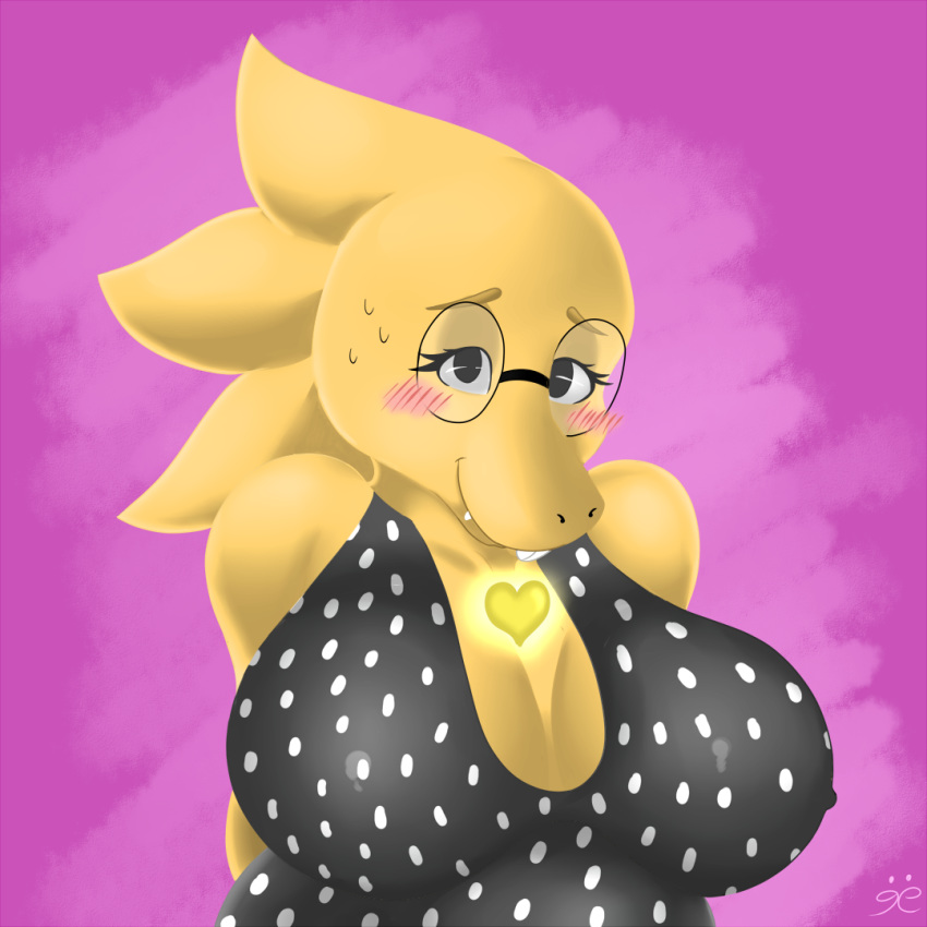 1girl alphys alphys_(undertale) anthro big_breasts black_clothing blush breasts claws doctor female female_anthro female_only glasses lab_coat lizard official_alternate_costume purple_background reptile scalie simple_background solo solo_anthro solo_female undertale undertale_(series) upper_body video_games