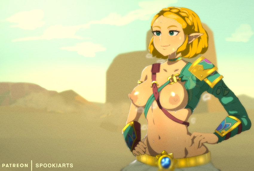 1girl 1girl 1girl areola armor blonde braid breasts breath_of_the_wild choker female_only female_solo green_eyes midriff navel nipples pointed_ears princess_zelda puffy_areolae short_hair smile spookiarts stomach sweat sweatdrop the_legend_of_zelda the_legend_of_zelda:_breath_of_the_wild the_legend_of_zelda:_breath_of_the_wild_2 tied_hair zelda_(breath_of_the_wild)