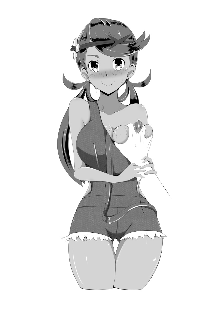 blush breast_grab breast_squeeze breasts flower hair_flower hand looking_at_viewer mallow mallow_(pokemon) mao_(pokemon) monochrome pokemon pokemon_sm smile