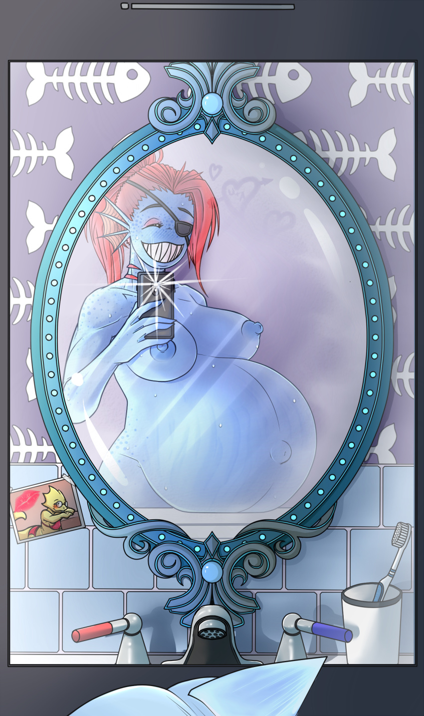 alphys anthro belly blue_body blue_skin breasts claws closed_eyes faucet fish fish_girl glasses lipstick_mark lizard mirror mirror_reflection nude photo_(object) reflection reptile scalie selfie smiling toothbrush undertale undyne video_games