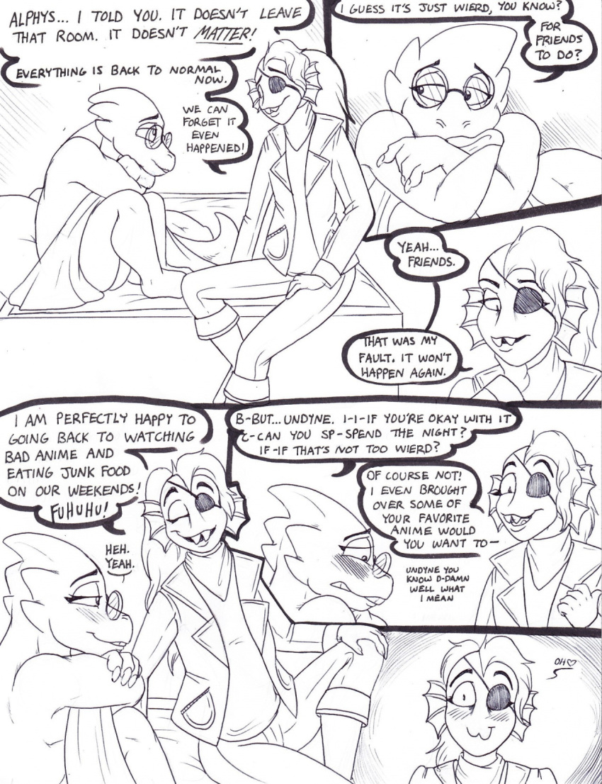 2girls alphyne alphys alphys_(undertale) anthro anthro_only black_and_white claws clothed clothing comic comic_page comic_panel doctor duo english_text eyepatch female female_anthro female_only fish fish_girl glasses lizard lizard_girl marine monster monster_girl reptile reptile_girl scalie slit_pupils text undertaild undertale undertale_(series) undyne video_games