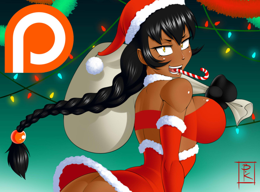 bluntkatana candy candy_cane character_request christmas christmas_outfit dark-skinned_female dark_skin santa_hat