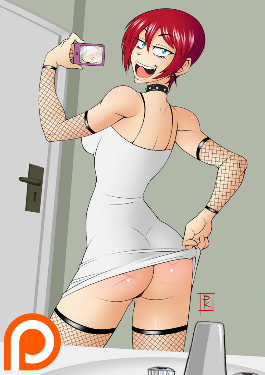 ass bathroom bluntkatana looking_at_viewer mirror patreon redhead selfie selfpic shirt_lift sink