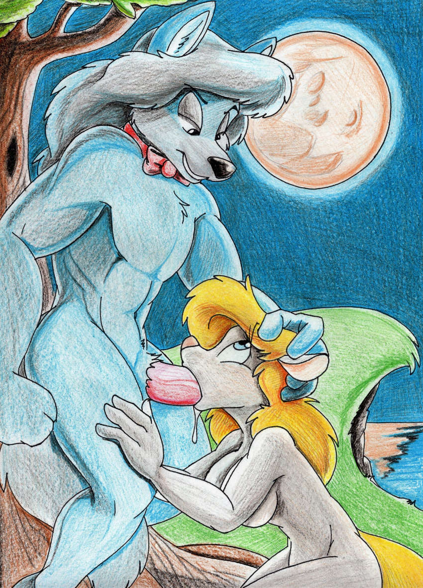 1boy 1girl 2016 animaniacs anthro breasts canine drooling duo erection fellatio full_moon fureverick high_res male/female mammal minerva_mink mink moon mustelid navel nude oral penis saliva sex traditional_media_(artwork) vein were werewolf wilford_wolf wolf