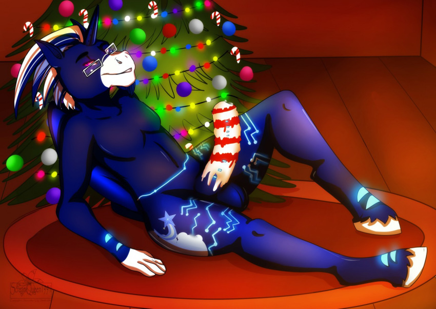 1girl anthro christmas christmas_tree cutie_mark equine eyewear fan_character friendship_is_magic glasses hasbro holidays looking_at_viewer male mammal my_little_pony original_character penis purple_eyes screamqueen1991 sitting testicles tree