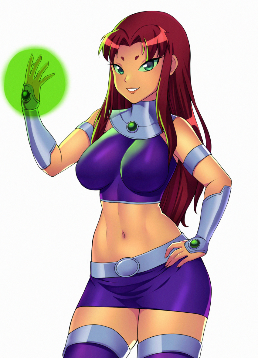 1girl alien alien_girl armband bare_midriff belt big_breasts boots breasts cartoon_network clothed collar dc dc_comics energy_ball female female_alien female_only gauntlets green_eyes green_sclera grey_belt grin halter_top halterneck hand_on_hip high_resolution long_hair midriff navel one_arm_up orange_skin purple_footwear purple_shirt purple_skirt red_hair shirt short_skirt skirt smile standing starfire stockings teen_titans teeth thigh_high_boots white_background zeshgolden