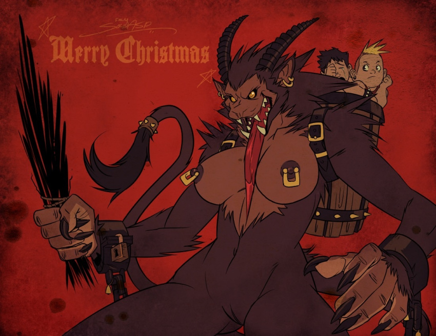 1girl armpits big_breasts breasts crossgender demon earrings furry genderswap group horns krampus long_tongue monster monster_girl multiple_boys nipples piercing pussy solidasp solo_focus tongue tongue_out