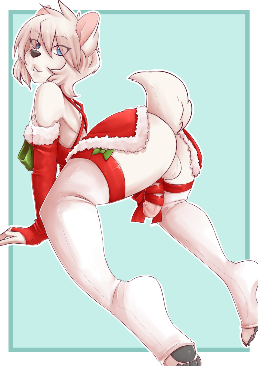 1girl anthro ass canine clothed clothing crossdressing fur furry girly hair humanoid_penis looking_at_viewer male mammal penis ribbons smile suelix testicles thick_thighs