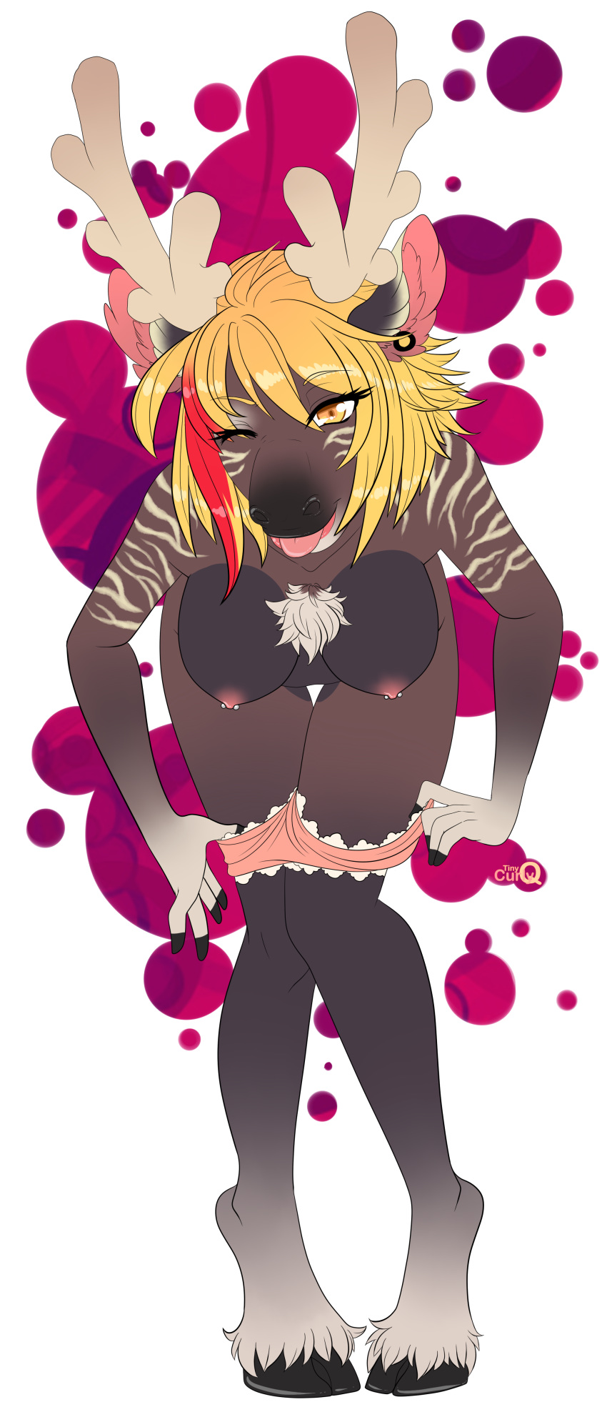 1girl 2014 5_fingers abstract_background absurd_res anthro antlers bent_over breasts brown_fur cervine chest_tuft clothing cloven_hooves digital_media_(artwork) ear_piercing eyebrows eyelashes feathering front_view fur furry gloves_(marking) hair hanging_breasts high_res hooves horn looking_at_viewer mammal markings multicolored_fur multicolored_hair nipple_piercing nipples nude one_eye_closed original panties piercing reindeer roxy_walters socks_(marking) standing tinycurlyq tongue tongue_out tuft two_tone_hair underwear undressing white_fur wink yellow_eyes
