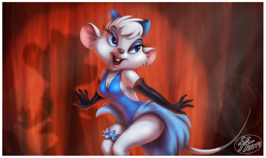1girl anthro anthro_mouse blue_eyes blue_leotard dancer_outfit disney female_anthro female_anthro_mouse female_only fernando_faria_(artist) furry gloves legs leotard long_gloves mammal miss_kitty_mouse mouse mouse_ears mouse_tail non-nude rodent the_great_mouse_detective thigh_band white_fur