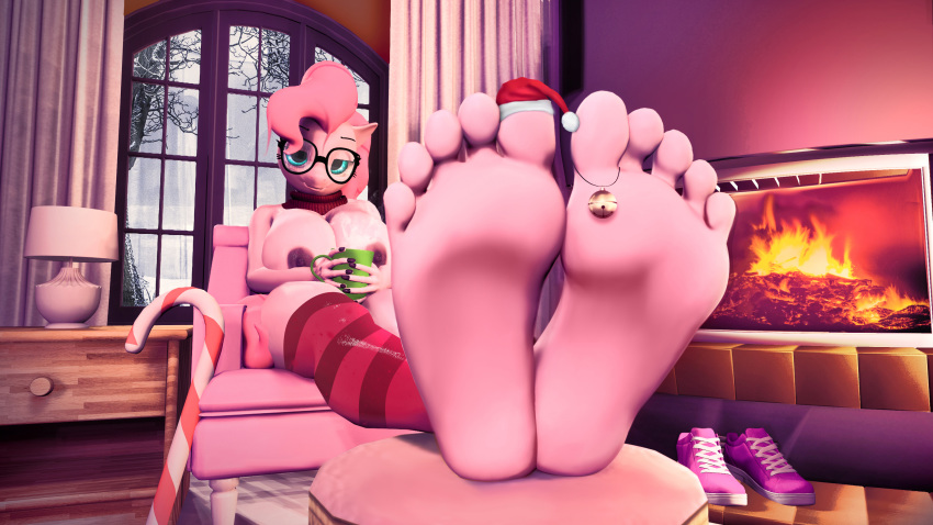 16:9 1girl 1girl 2016 3d_(artwork) anthro anthrofied barefoot big_breasts breasts candy candy_cane christmas clothing digital_media_(artwork) equine feet fireplace food foot_fetish friendship_is_magic hat high_res holidays horse huge_breasts legwear looking_at_viewer mammal moreuselesssource_(artist) my_little_pony nipples nude pinkie_pie_(mlp) pony santa_hat smile source_filmmaker toes tree