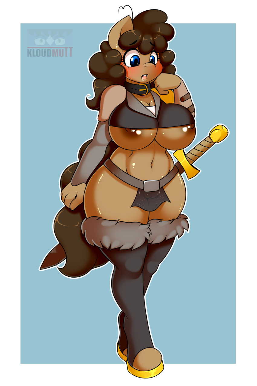 1girl 2016 anthro areola blue_eyes blush boots breasts clothing collar equine fan_character footwear furry horse kloudmutt loincloth mammal melee_weapon my_little_pony nipples pony pussy sword underboob weapon wide_hips