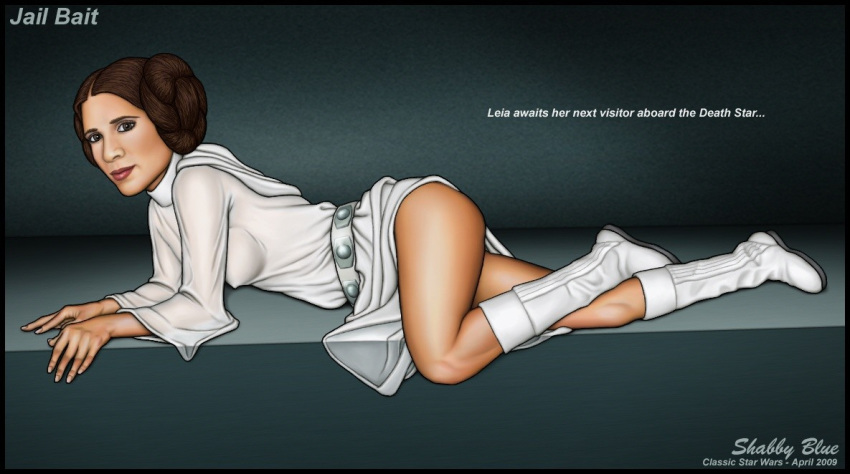 1girl 2009 a_new_hope boots breasts clothed dress dress_lift female female_human legs lying princess_leia_organa shabby_blue star_wars thighs