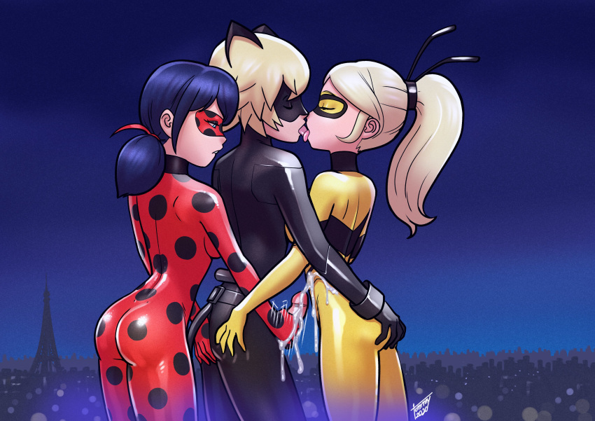 1boy 2_girls 2girls adrien_agreste ass ass_grab blonde blonde_hair bodysuit building chat_noir chloe_bourgeois city clothed cum cum_on_clothes erection female female_human hand_on_ass handjob human kissing male male/female male_human marinette_cheng mask masturbation miraculous_ladybug mostly_clothed night night_sky outdoor outside penis ponytail standing threesome