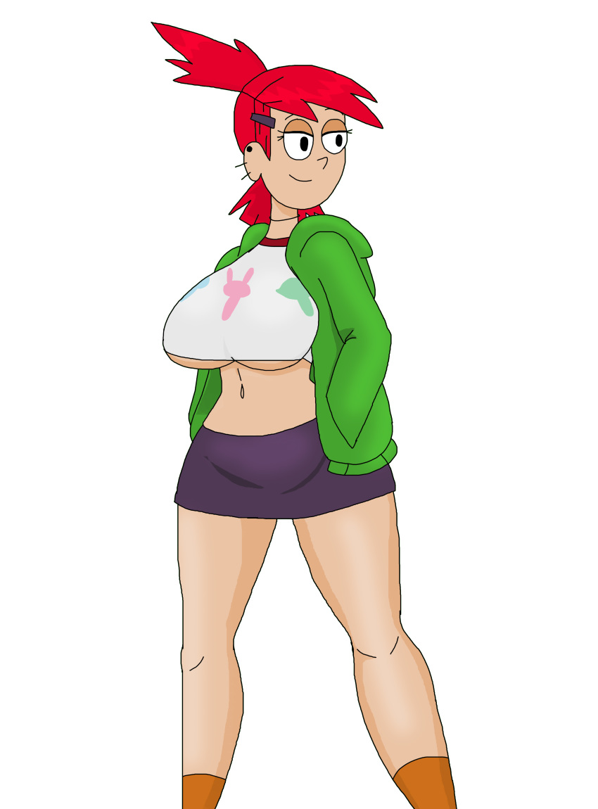 1girl big_breasts breasts ear_piercing foster's_home_for_imaginary_friends frankie_foster hands_in_pockets hoodie legs long_legs looking_away midriff miniskirt necklace red_hair skirt smilesaidboredgirl solo underboob