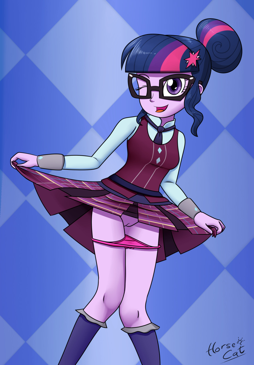 1girl artist_name bespectacled clothed equestria_girls female female_only flashing friendship_is_magic glasses hair_bun hairless_pussy horsecat humanized long_sleeves looking_at_viewer mostly_clothed my_little_pony one_eye_closed panties panties_around_thighs panties_down pussy school_uniform skirt skirt_lift skirt_lifted_by_self socks solo standing twilight_sparkle twilight_sparkle_(mlp)