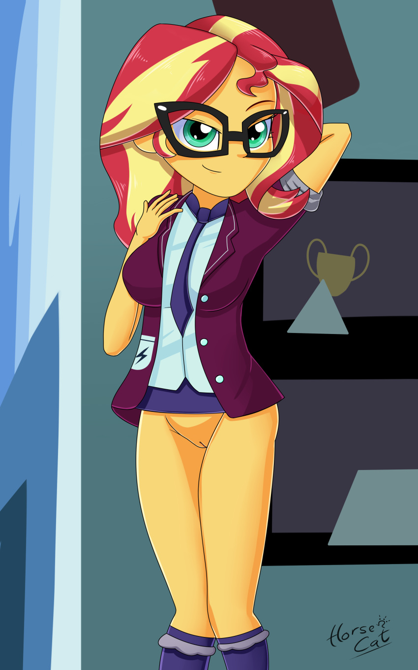1girl bespectacled bottomless equestria_girls female female_only friendship_is_magic glasses hairless_pussy horsecat humanized looking_at_viewer my_little_pony no_panties partially_clothed pussy school_uniform socks solo standing sunset_shimmer sunset_shimmer_(eg) two-tone_hair
