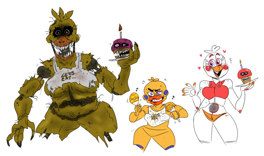 3_girls cupcake_(fnaf) five_nights_at_freddy's funtime_chica multiple_versions nightmare_chica non-mammal_breasts rockstar_chica