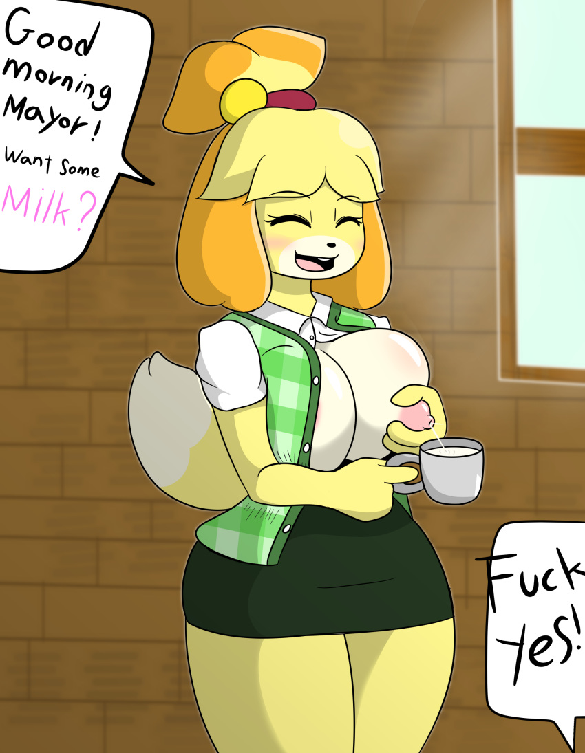 1girl 1girl 2018 animal_crossing anthro big_breasts blush breast_grab breast_milking breasts canine clothed clothing dog furry hand_on_breast high_res isabelle_(animal_crossing) lactating mammal milk nintendo nipples one_breast_out shih_tzu smile text tonytoran unseen_character video_games window