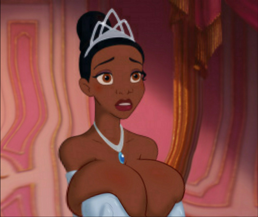 1girl big_breasts black_hair blush breasts brown_eyes cleavage crown dark_skin disney edit female female_only lipstick necklace princess_tiana solo takeo92 teeth the_princess_and_the_frog tiara tied_hair