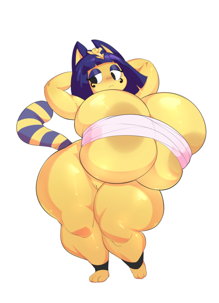animal_crossing ankha ankha_(animal_crossing) anthro areola_slip big_breasts blush breasts cat feline furry huge_breasts mammal nintendo nipples pussy slightly_chubby thick_thighs video_games