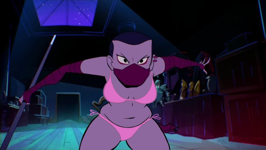 1girl armband big_belly bikini_bottom bikini_top black_eyes cassandra_jones earring eyeliner face_mask jewelry kunoichi legs_apart mascara navel outstretched_arms panties pink_panties pink_swimsuit rise_of_the_teenage_mutant_ninja_turtles screen_capture screenshot_edit scythe shaved_head slightly_chubby someraindropsonroses_(artist) staff string_bikini teenage_mutant_ninja_turtles thick_hips thick_thighs third-party_edit torn_clothes voluptuous weapon wide_hips