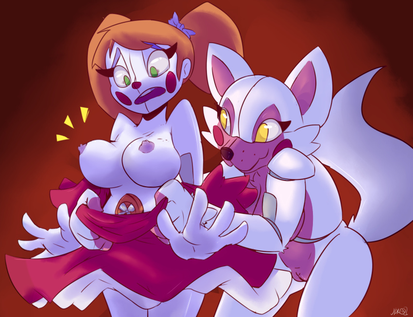 1girl animatronic anthro assisted_exposure big_breasts bow breasts canine circus_baby clothing dress duo five_nights_at_freddy's five_nights_at_freddy's:_sister_location fox funtime_foxy_(fnafsl) hair human jailbait_knight machine makeup mammal nipples open_mouth pussy red_nose robot sister_location surprised tied_hair twin_tails