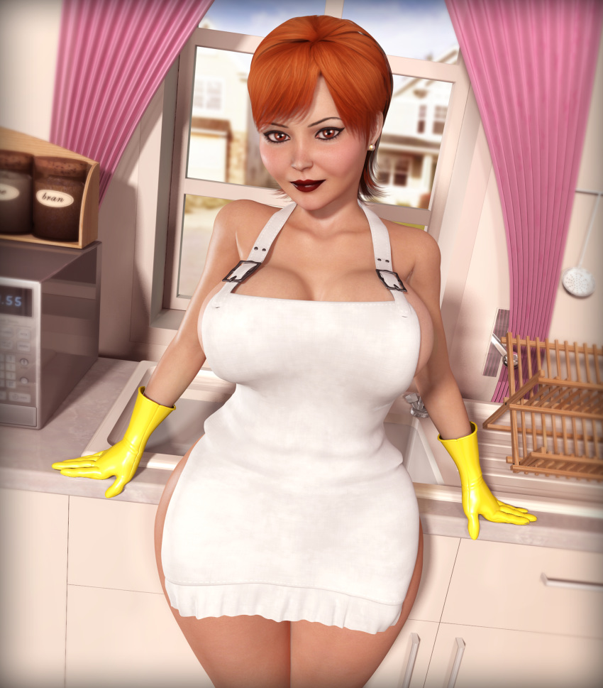 3d apron big_breasts breasts cleavage dexter's_laboratory dexter's_mom female kitchen milf naked_apron nude orange_eyes orange_hair rasmus-the-owl redhead solo