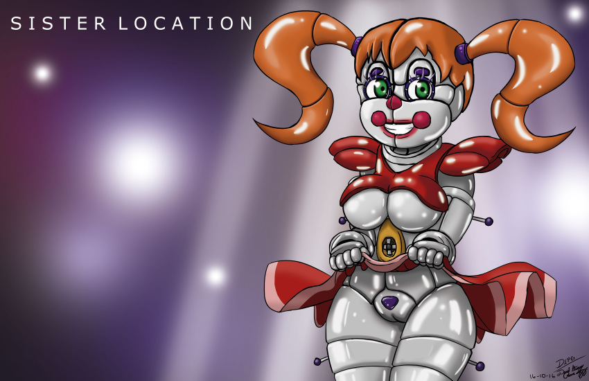 1girl animatronic big_breasts breasts circus_baby dipgd five_nights_at_freddy's five_nights_at_freddy's:_sister_location glowing glowing_eyes green_eyes hair humanoid machine orange_hair presenting presenting_pussy pussy robot sister_location smile video_games