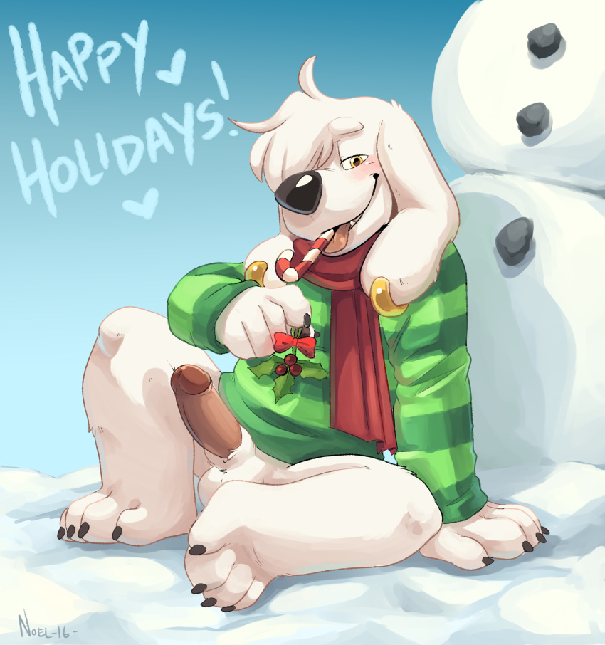 1girl anthro candy candy_cane canine dog erection family_guy food furry jasper_(family_guy) komoroshi_(artist) male mammal penis scarf snow snowman testicles