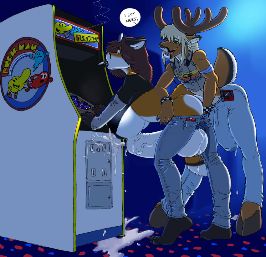 anthro anthro_on_anthro arcade arcade_machine ass bent_over bracelet breasts bulge canine cervine cigarette clothed clothing cox cum deer digital_media_(artwork) distracted dripping duo edit erection fingering fox furry futanari gideon herm huge_breasts huge_testicles humanoid_penis hyper hyper_breasts hyper_penis hyper_testicles intersex jewelry large_breasts large_testicles male male/male mammal orgasm pac-man_(series) penis precum public ruger testicles video_games