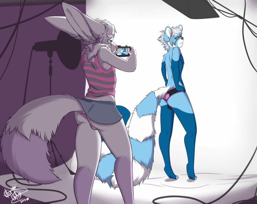 anthro ass bulge camera canine captainchaos clothed clothing crossdressing duo fennec fox furry male mammal panties red_panda smile standing underwear