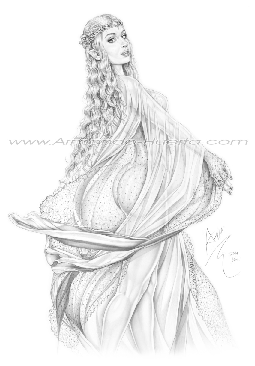 armando_huerta ass clothed elf female female_elf galadriel looking_at_viewer lord_of_the_rings monochrome panties pointy_ears see_through the_hobbit