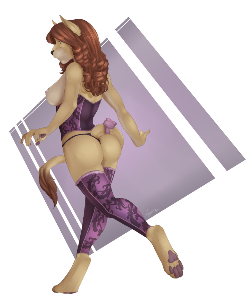 1girl 4_toes 5_fingers anthro archery_(artist) ass breasts brown_hair digitigrade feline furry hair lion mammal pawpads smile standing toes