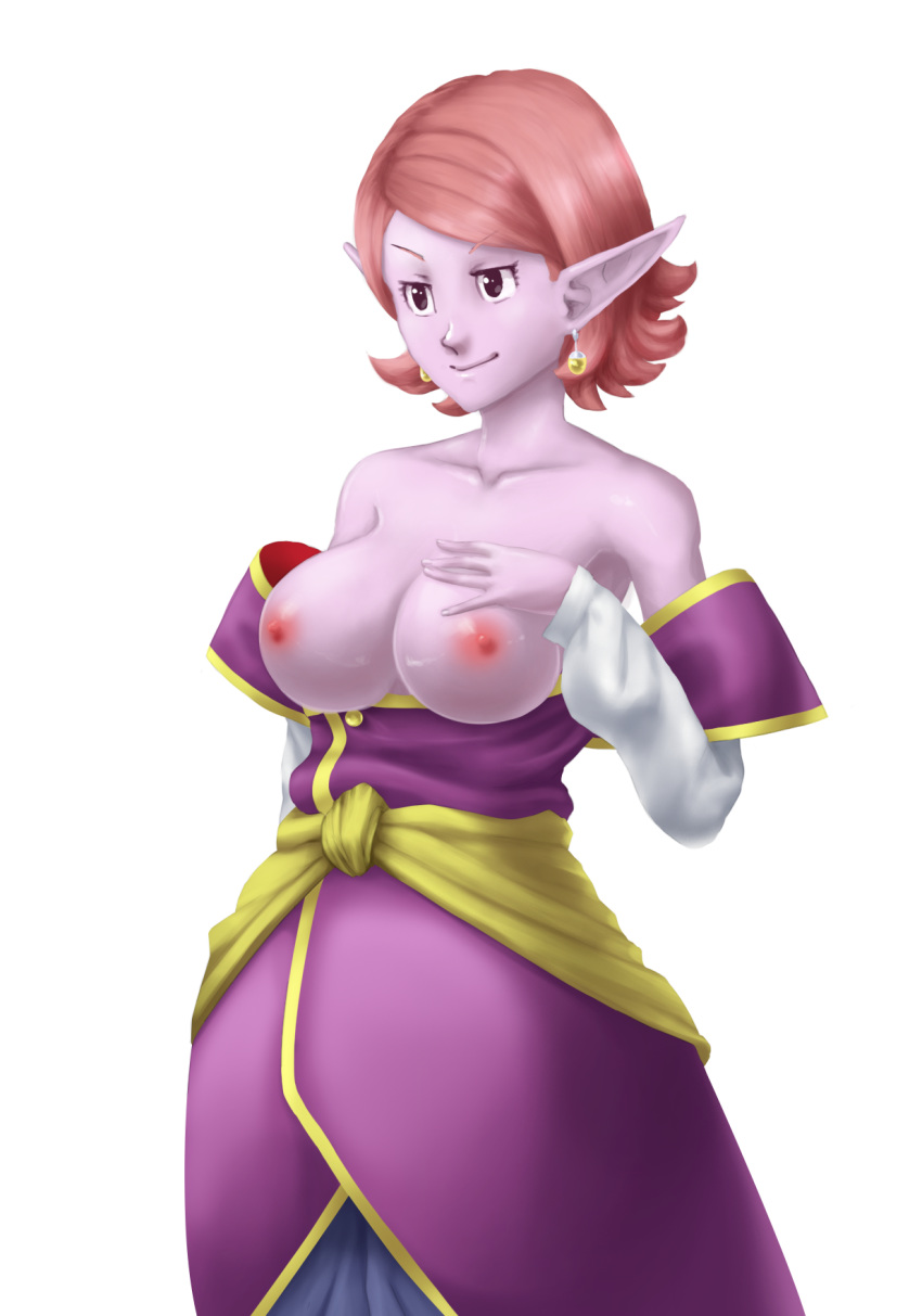 1girl big_breasts breast breasts dragon_ball_xenoverse earring nipples pink_hair pointy_ears purple_skin short_hair smile supreme_kai_of_time topless white_background